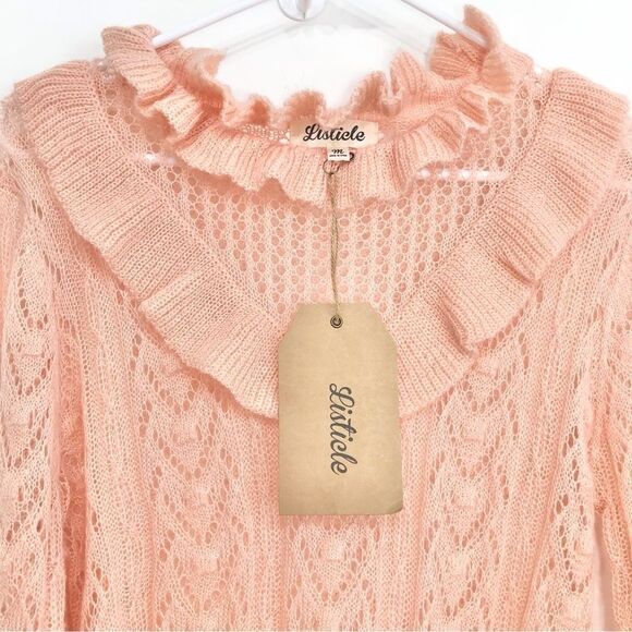 Listicle Pale Pink Ruffle Yoke Feminine Romantic Open Knit Pullover Sweater NEW - Picture 2 of 16